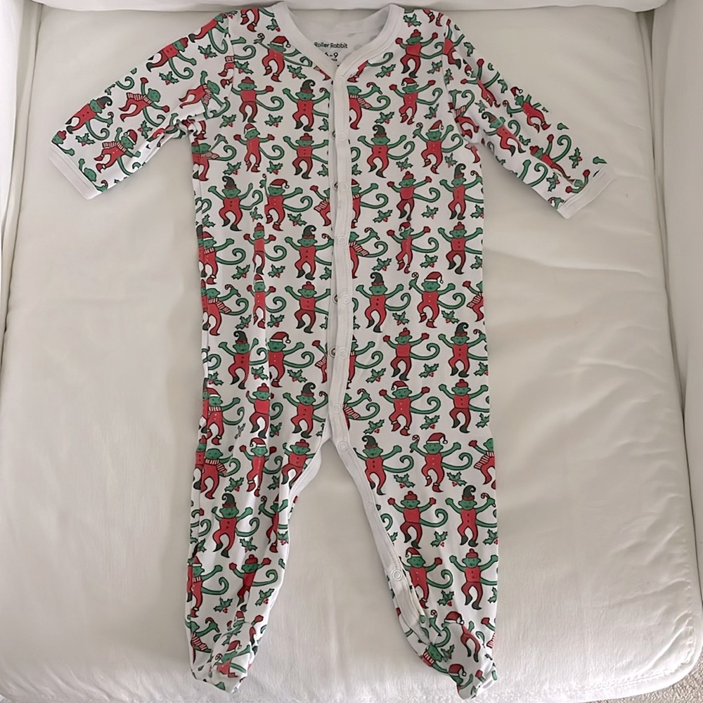 Roller Rabbit Kids One-Piece Footie - White with Red & Green Monkey Print